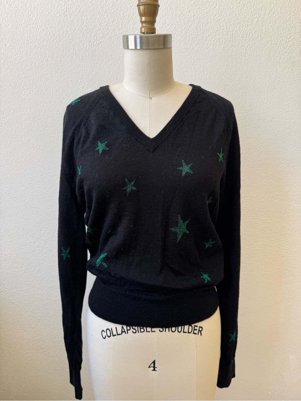 Zadig & Voltaire Black V-Neck Sweater with Green Star Accents